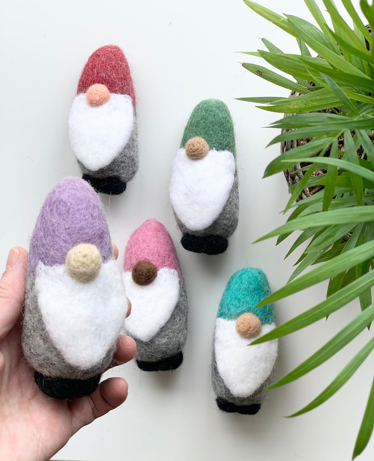 Handheld single felt gnome with purple hat and white beard next to four assorted colorful felt gnomes on white surface