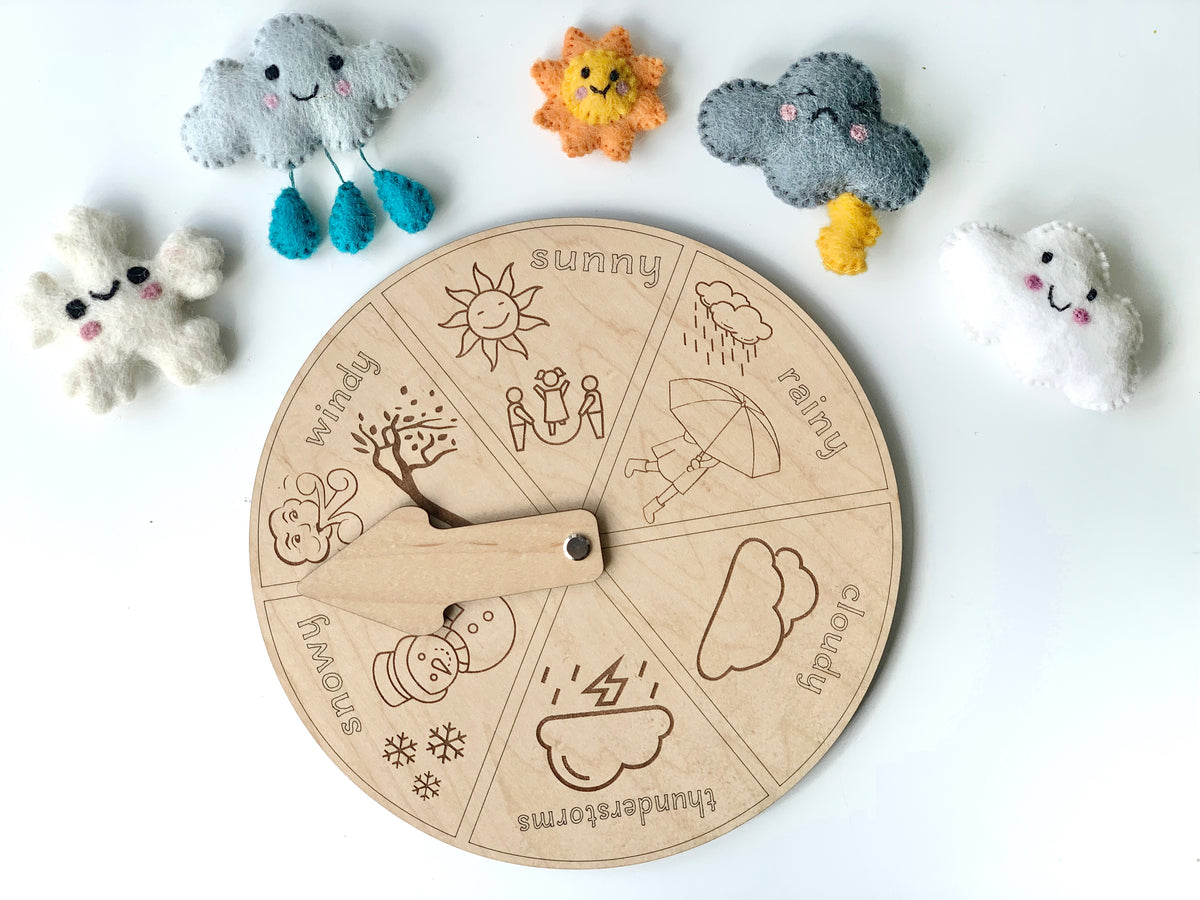 Round wooden weather wheel with engraved weather icons and moveable arrow surrounded by felt weather characters