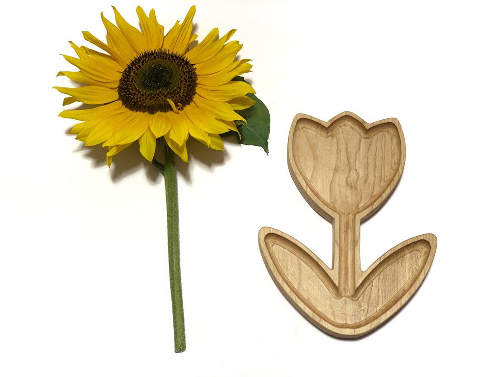 Natural wooden tulip-shaped plate or sensory tray next to a bright yellow sunflower on white background