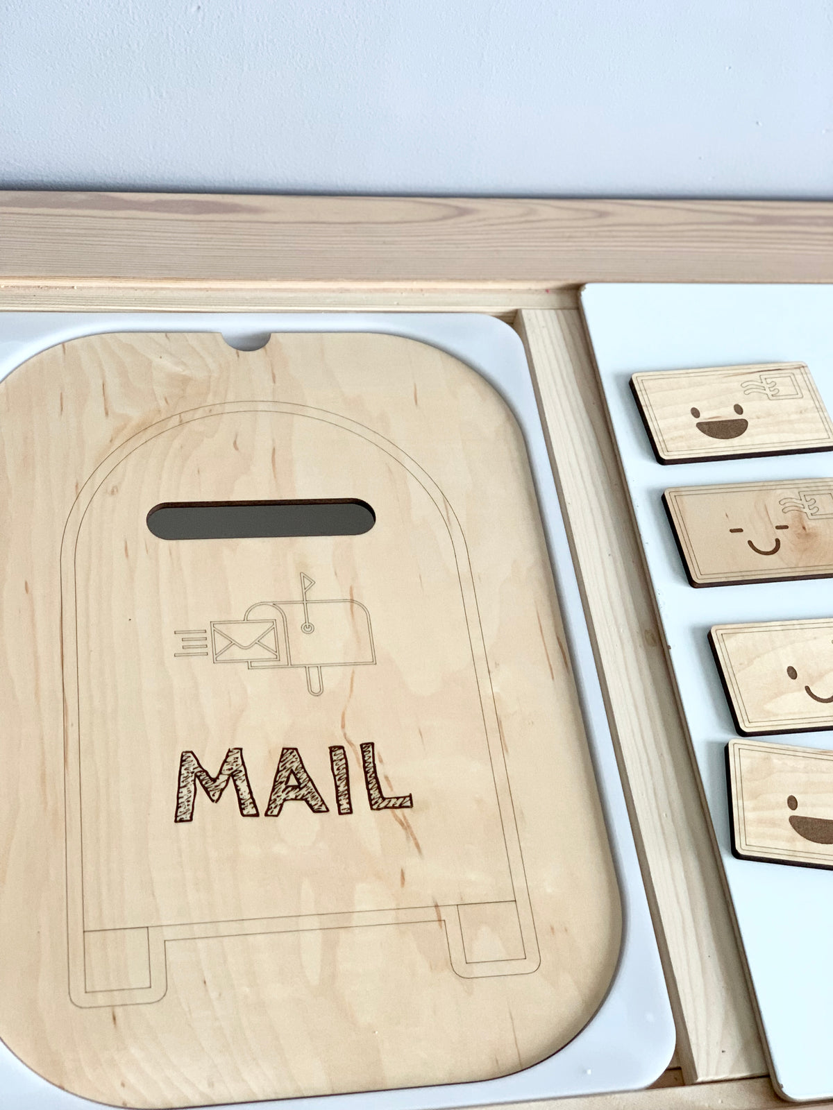 Natural maple plywood mailbox post box Flisat table top insert with engraved mailbox and MAIL text on light wood background