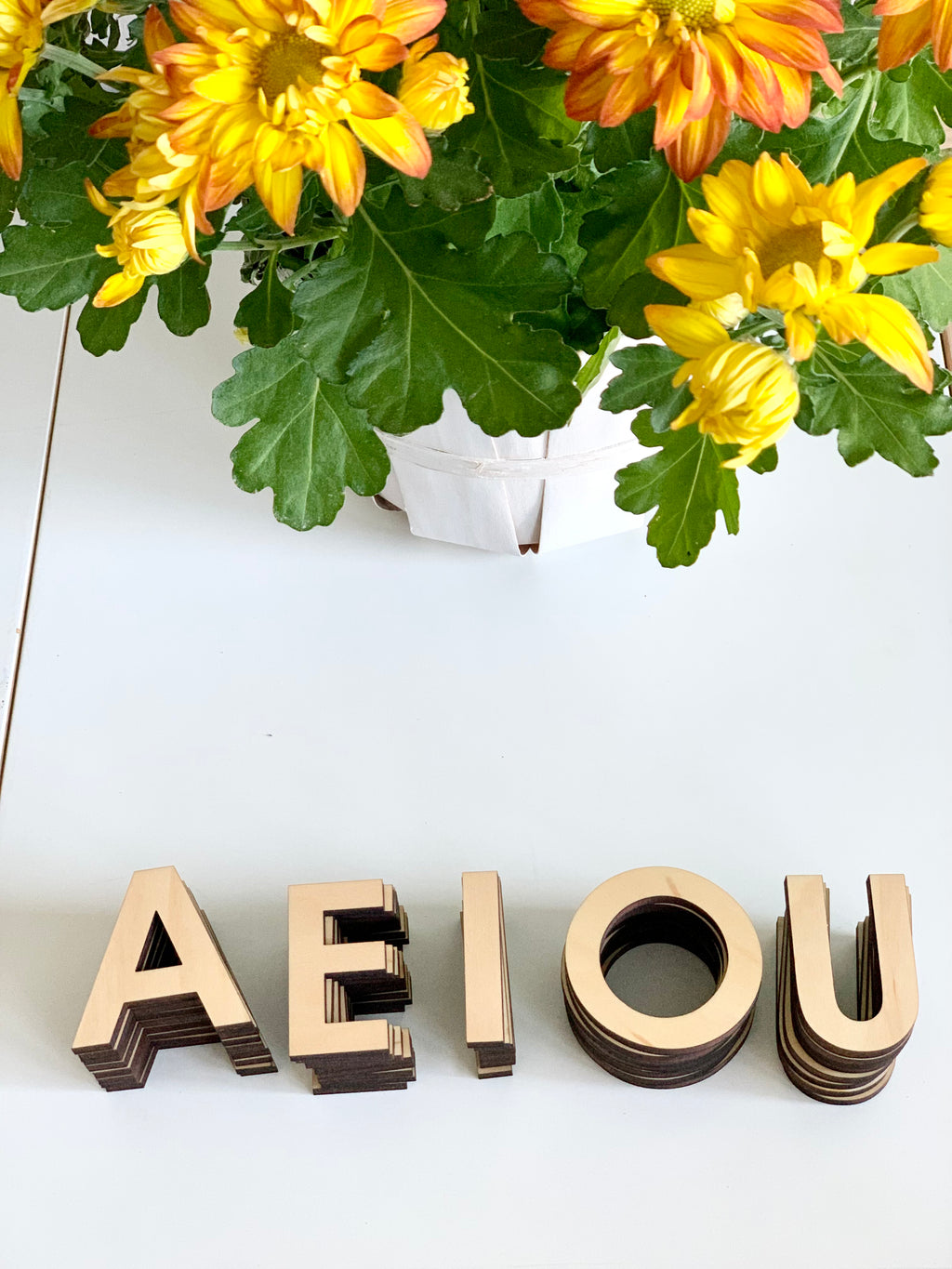 Natural wooden uppercase alphabet vowels stacked in piles on white surface beneath yellow and orange flowers