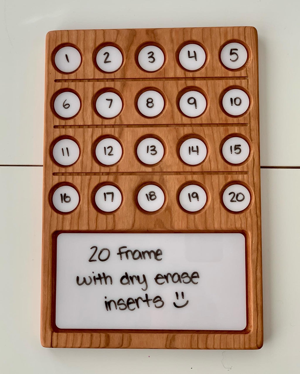 Natural wooden 20 frame sensory tray with numbered dry erase inserts and white board section for writing or drawing