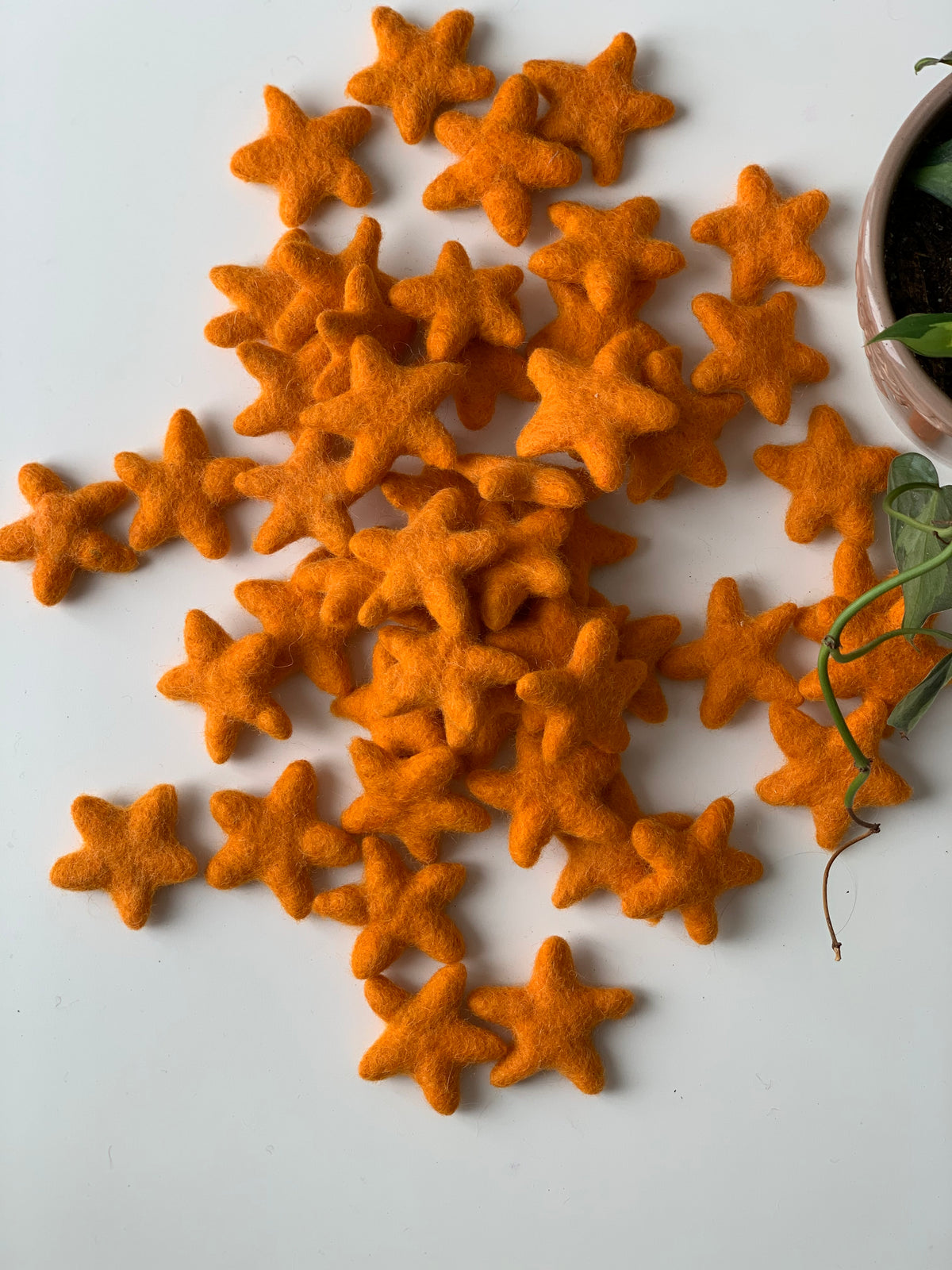 Multiple small bright orange handmade felt stars scattered on white surface near potted green plant