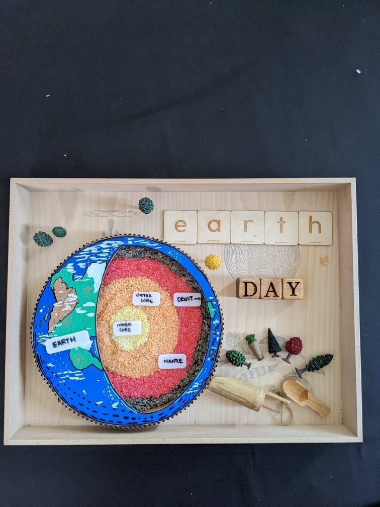 Wooden tray with labeled 3D earth layers model, letter tiles spelling earth day, and miniature trees on natural wood background