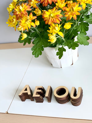 Natural wooden uppercase alphabet letters A E I O U stacked on white table near yellow and orange flowers in white pot