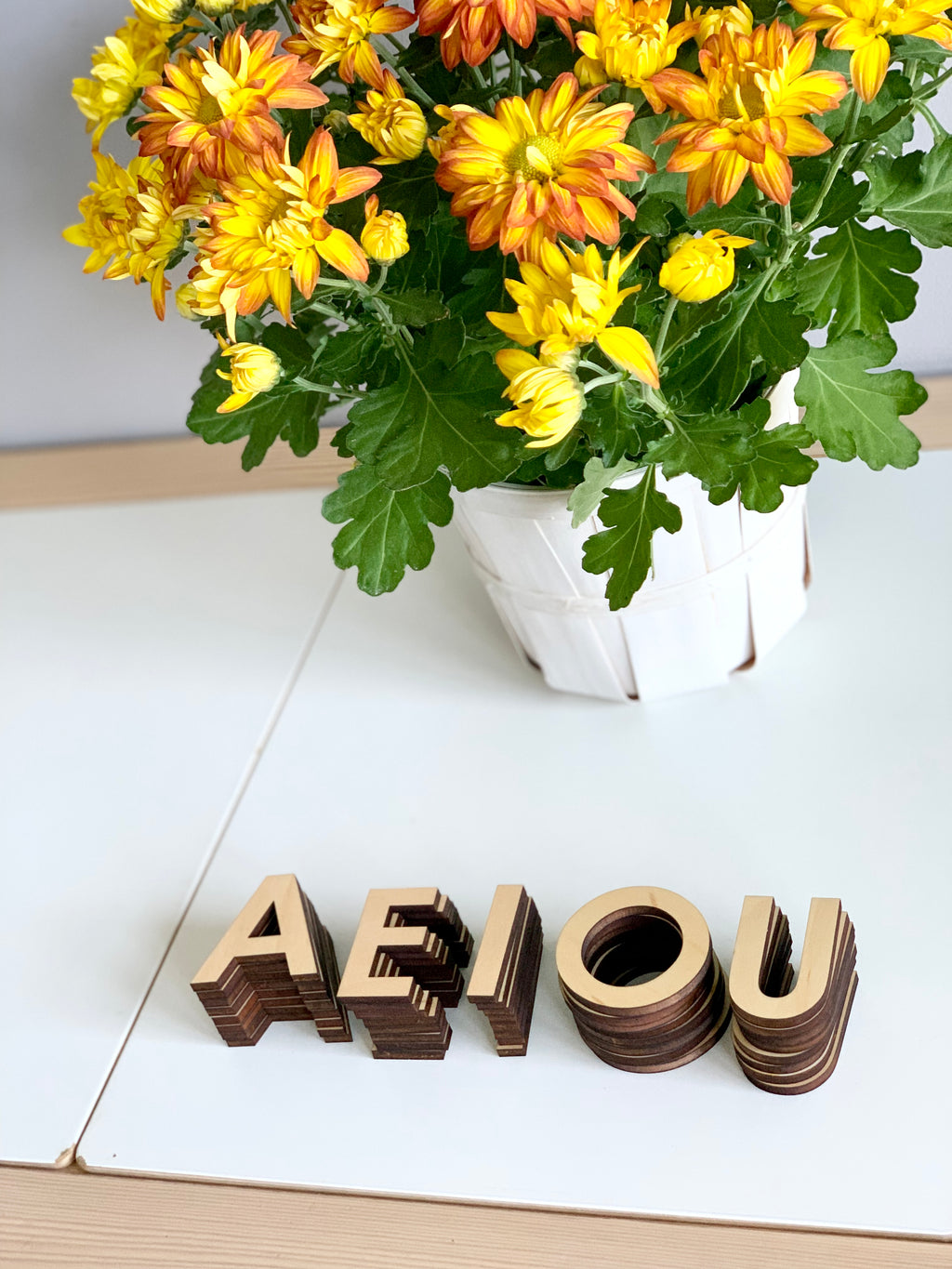 Natural wooden uppercase alphabet letters A E I O U stacked on white table near yellow and orange flowers in white pot