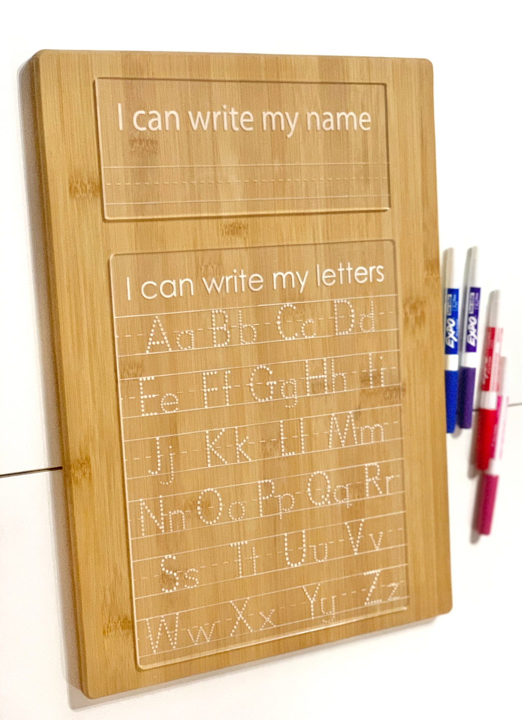 Bamboo acrylic dry erase tracing board engraved with uppercase and lowercase letters plus name writing area with markers