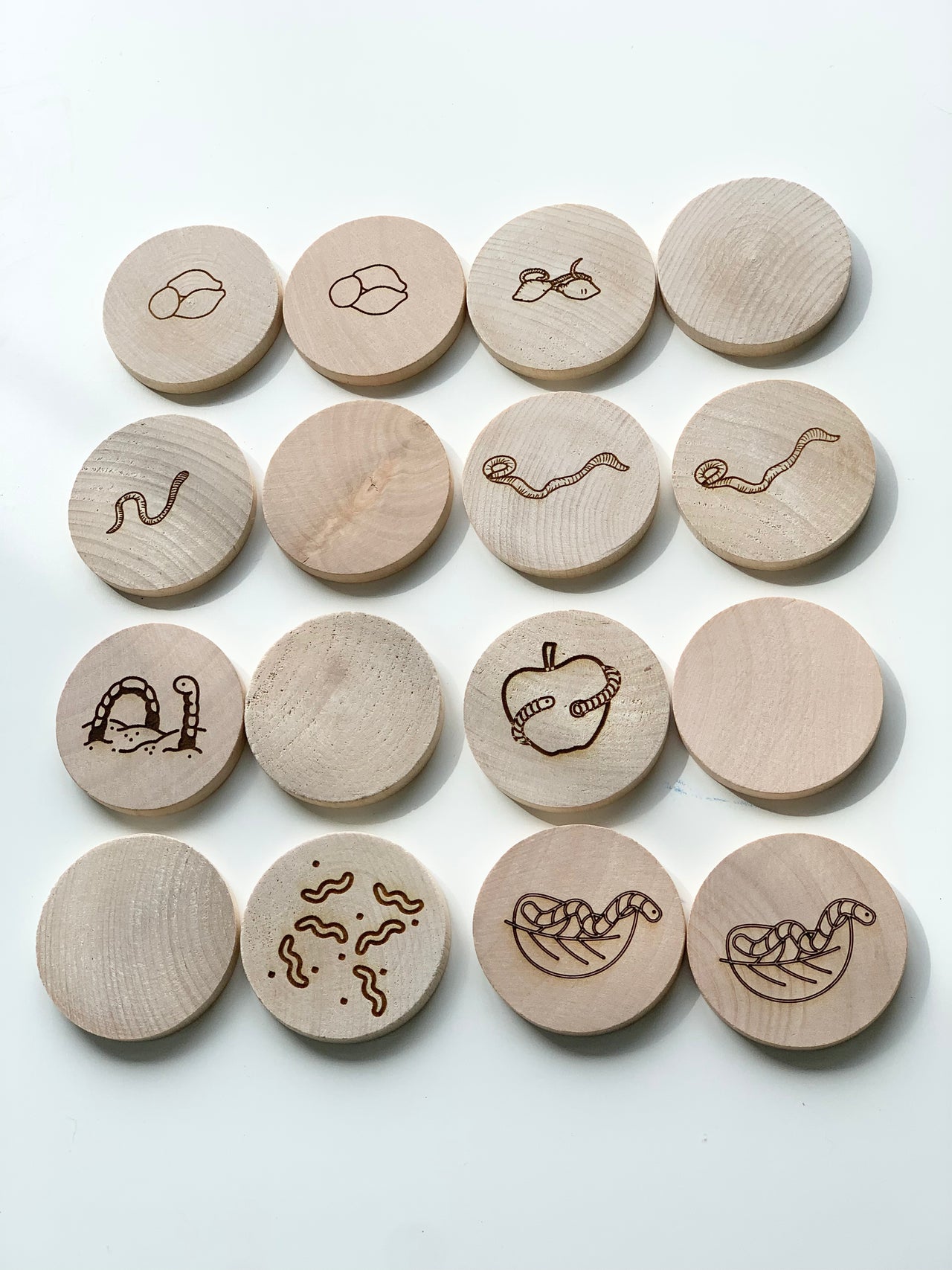 Natural wooden memory game discs with engraved worm life cycle stages and some plain discs arranged on white background