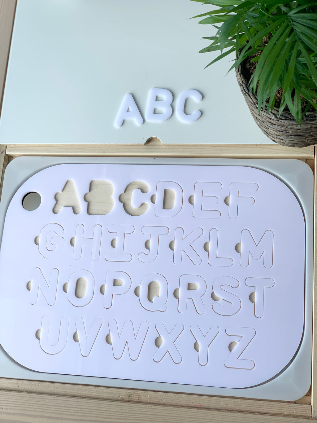 Uppercase alphabet puzzle insert with white acrylic letters on maple plywood base next to green plant on wooden surface
