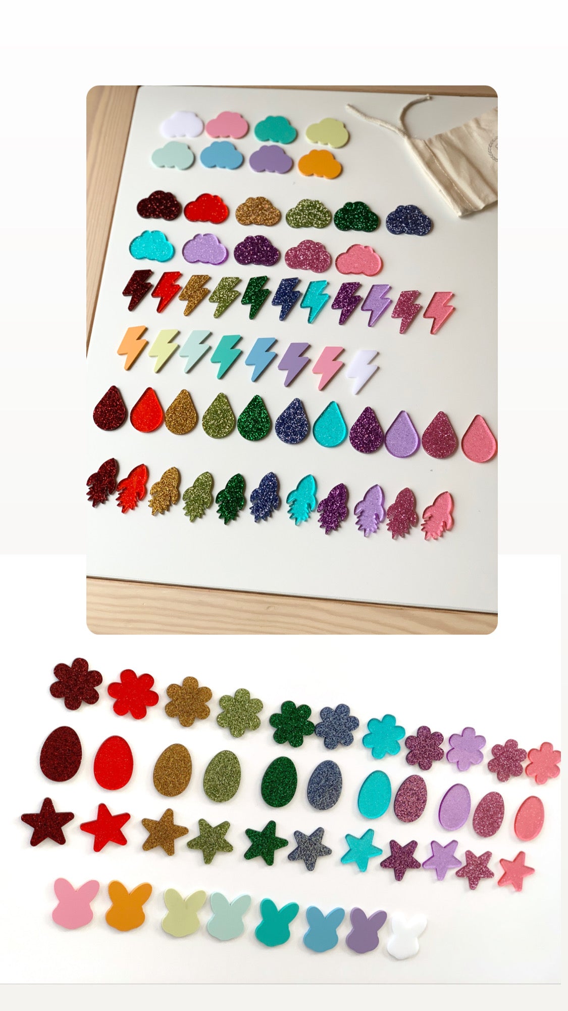 Colorful laser cut acrylic shapes including clouds, lightning bolts, raindrops, and flowers arranged on white surface