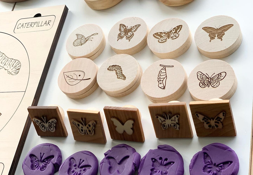 Round natural wooden discs and square wooden tiles engraved with butterfly life cycle stages and butterfly stamps on white surface