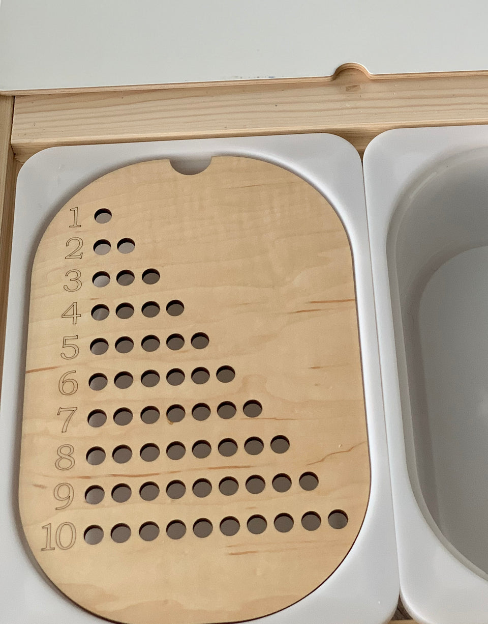 Maple plywood Flisat table top insert with engraved numbers 1 to 10 and corresponding counting holes