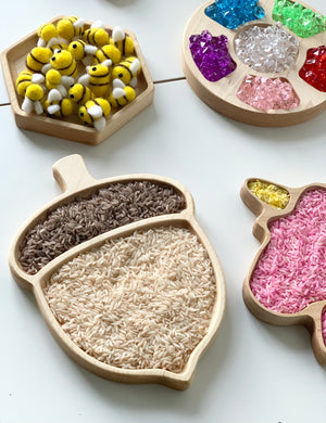 Natural wooden acorn-shaped sensory tray filled with two types of rice on white background with other trays nearby