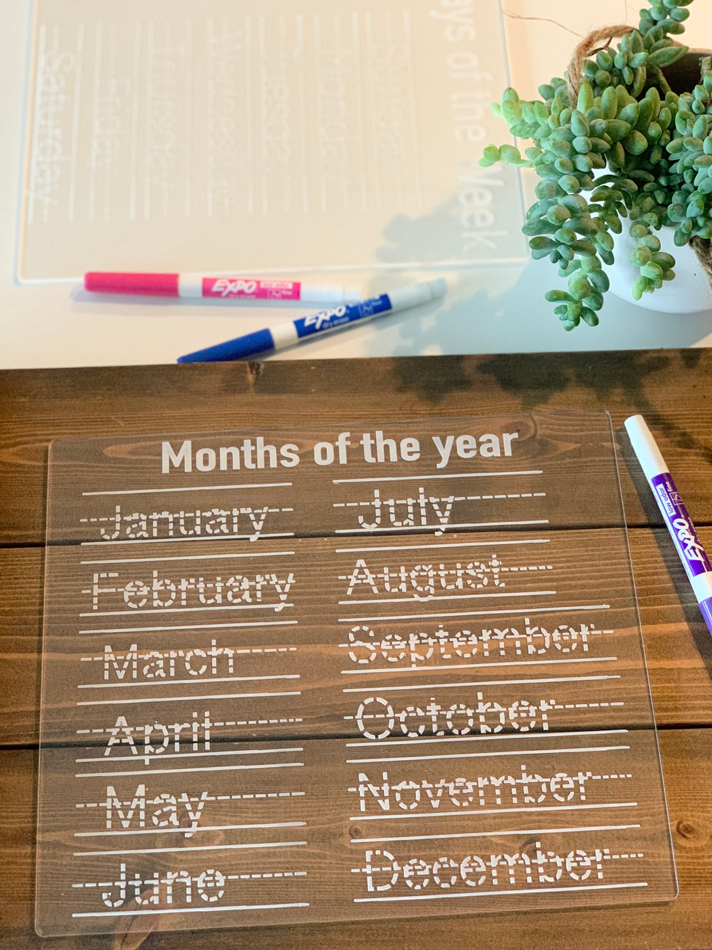 Clear acrylic dry erase board with dotted month names for tracing and three colored markers on wooden table with plant nearby