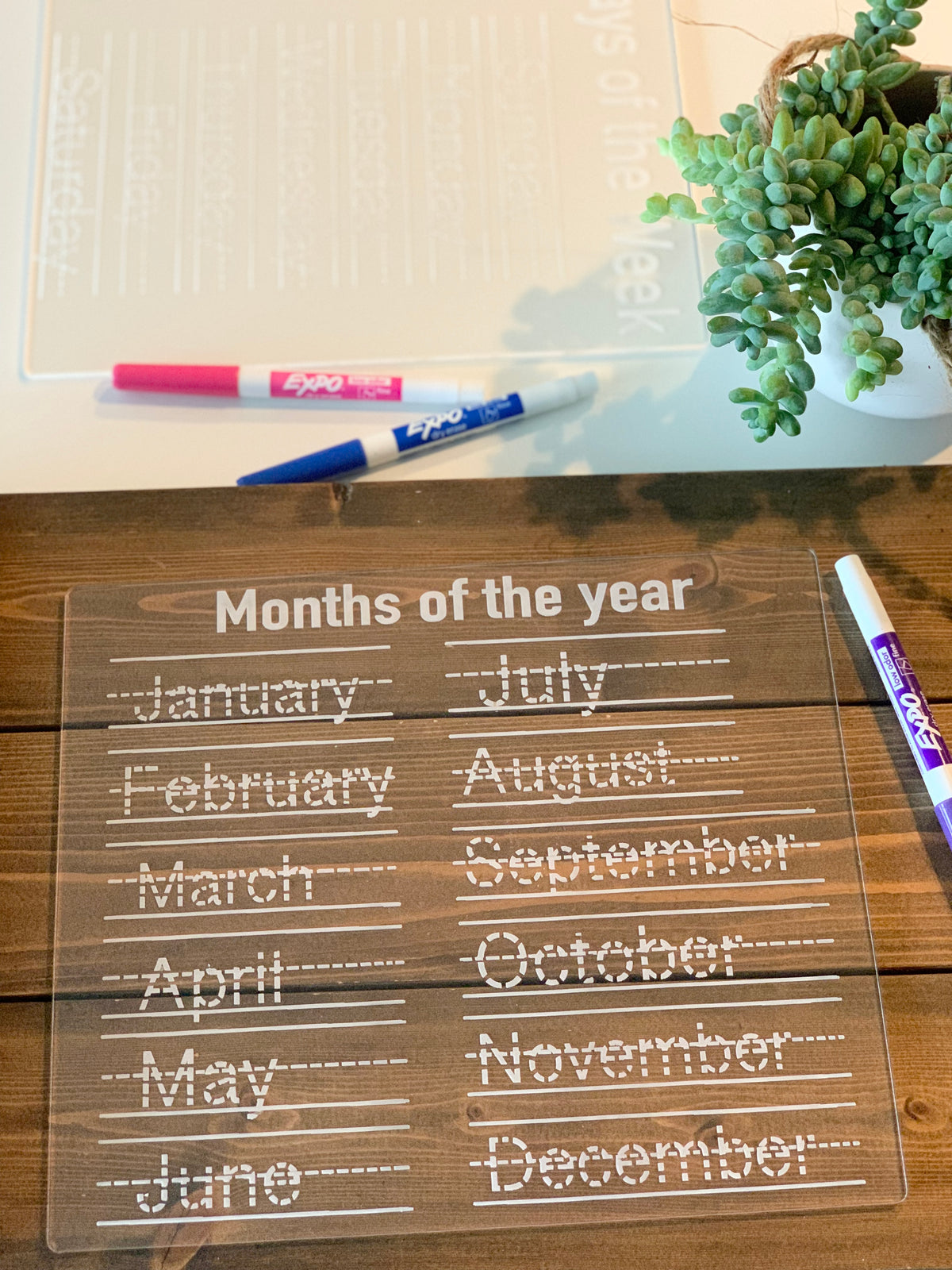 Clear acrylic dry erase board with dotted month names for tracing and three colored markers on wooden table with plant nearby