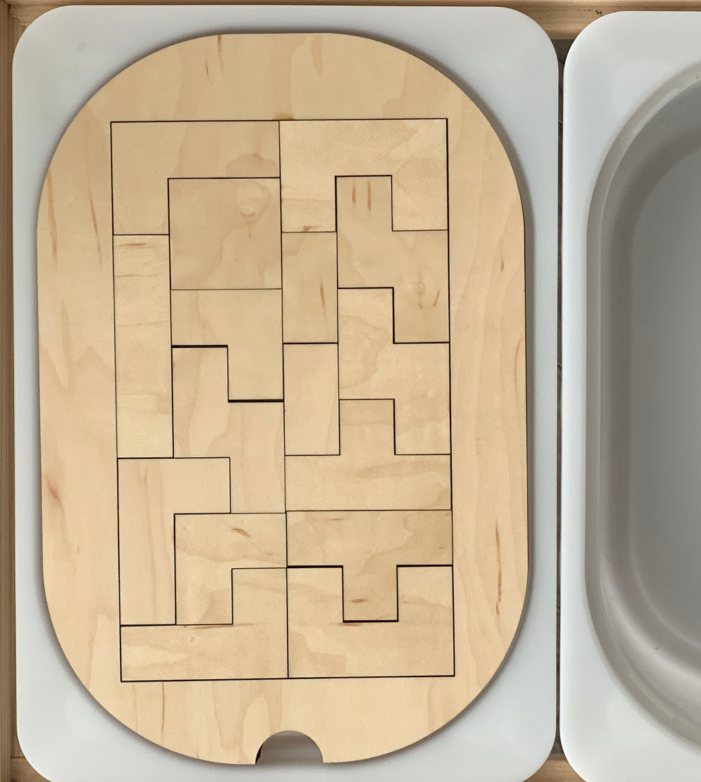Natural wooden puzzle insert with interlocking geometric pieces designed to fit Flisat small bin tabletop