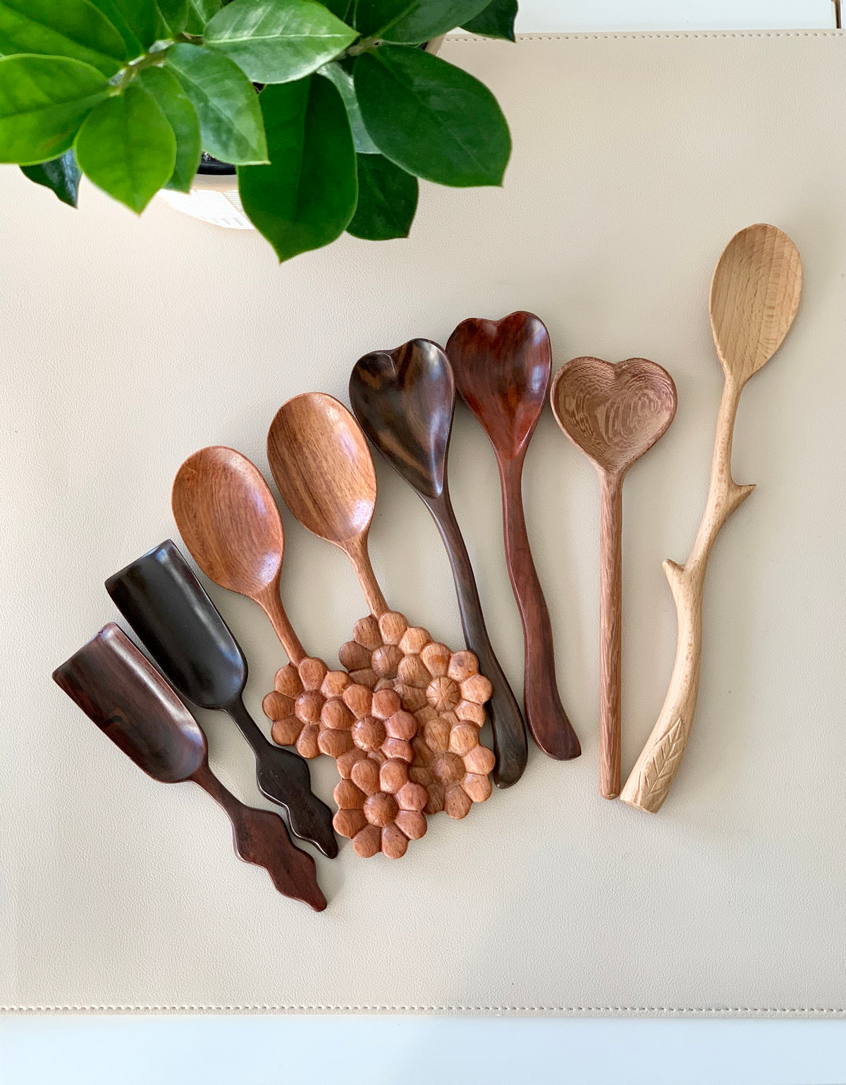 Assorted handmade wooden scoops and spoons in various shapes and wood tones on a light beige surface with green leaves above