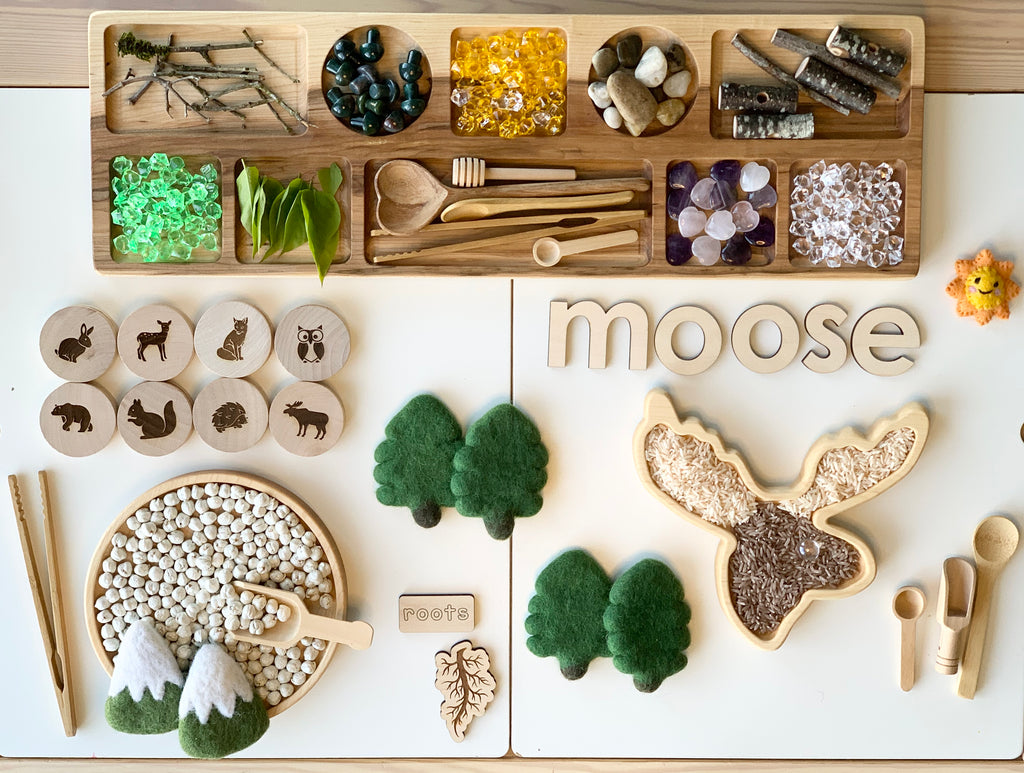 Wooden sensory tray shaped like a moose with natural materials and forest-themed items on white surface