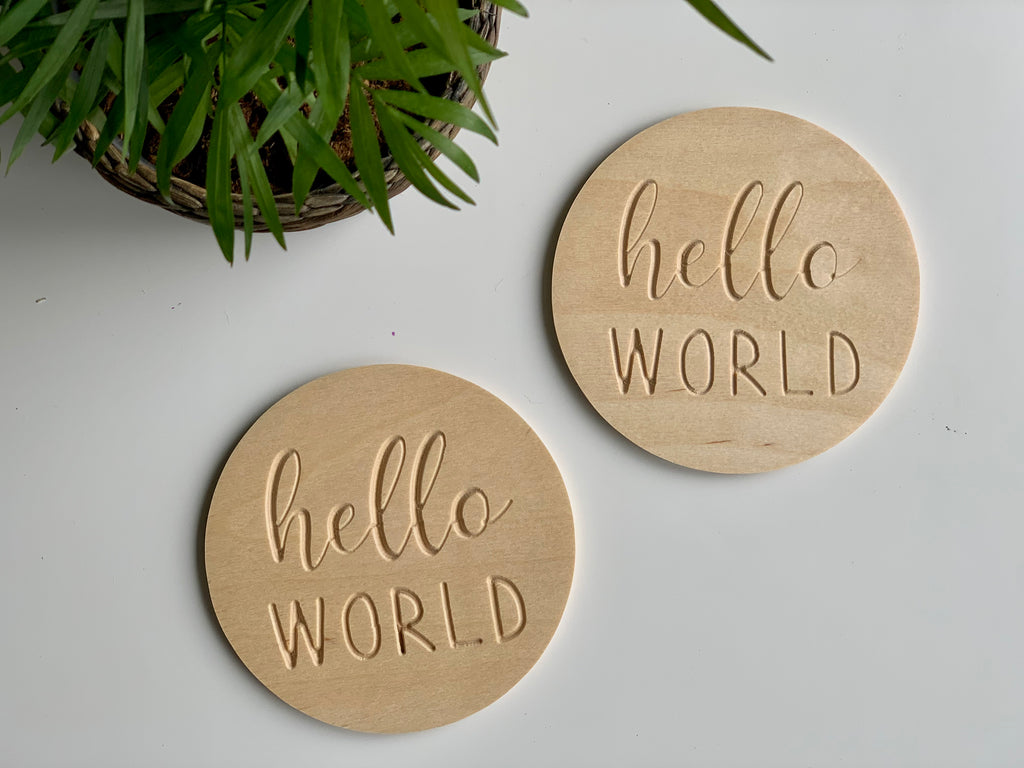 Two round natural wooden discs engraved with "hello WORLD" in cursive and block letters on white surface near green plant