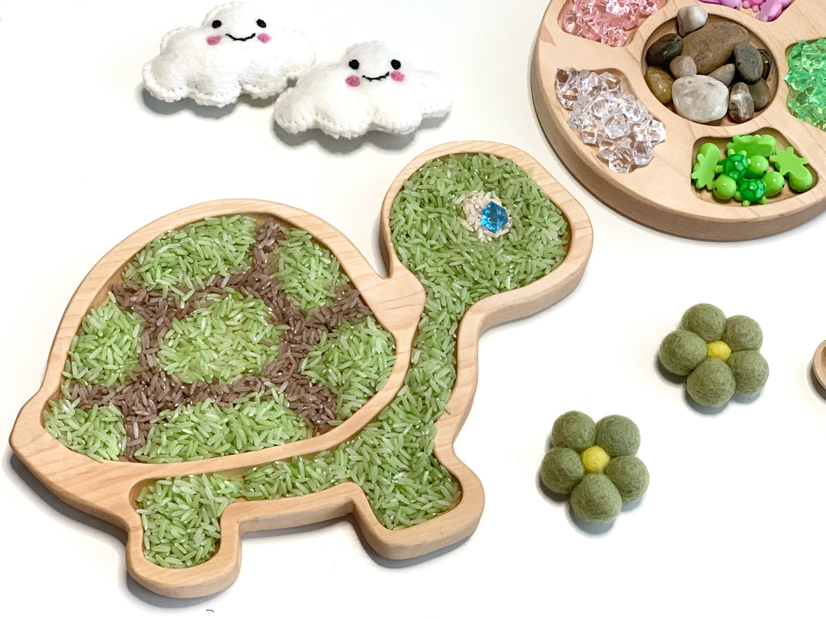 Turtle-shaped wooden sensory tray filled with green and brown rice and blue gem on white background