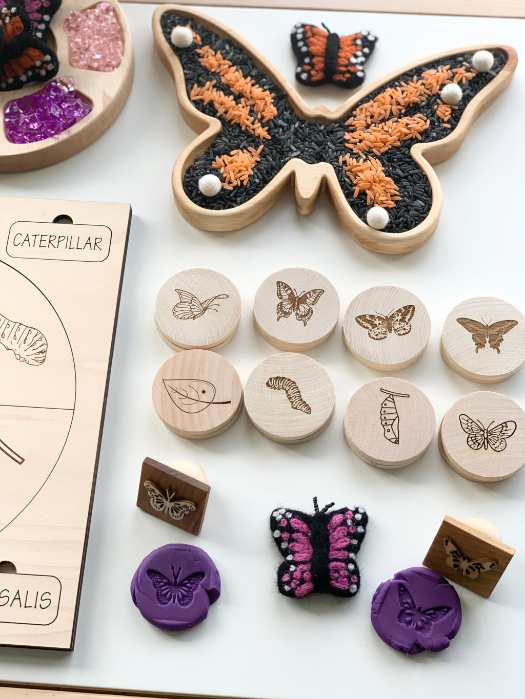 Wooden butterfly-shaped tray with colored rice, engraved wooden discs showing butterfly life stages, and butterfly stamps on white surface