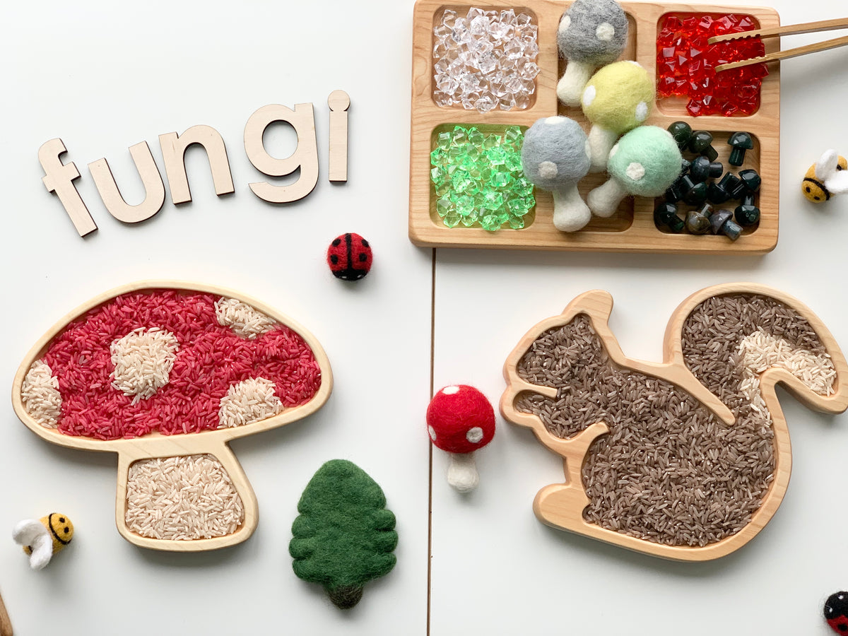 Wooden mushroom and squirrel-shaped sensory trays filled with colored rice and surrounded by small felt toys and letters