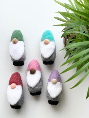 Five handmade felt gnomes with colorful hats and white beards arranged on white surface near green plant
