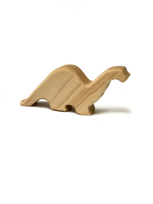 Small natural wooden long neck Brachiosaurus toy figurine with smooth edges on white surface