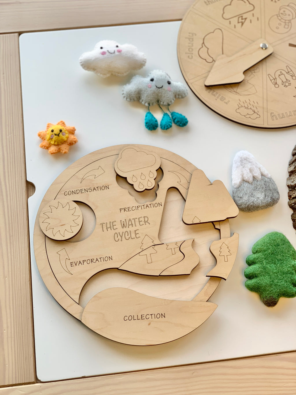 Wooden water life cycle puzzle with labeled pieces and felt weather and nature illustrations on white table