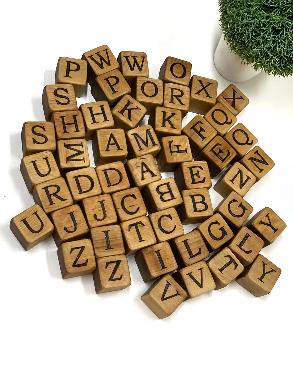 Natural wooden 2-inch alphabet blocks with engraved capital letters scattered on white surface near green plant pot