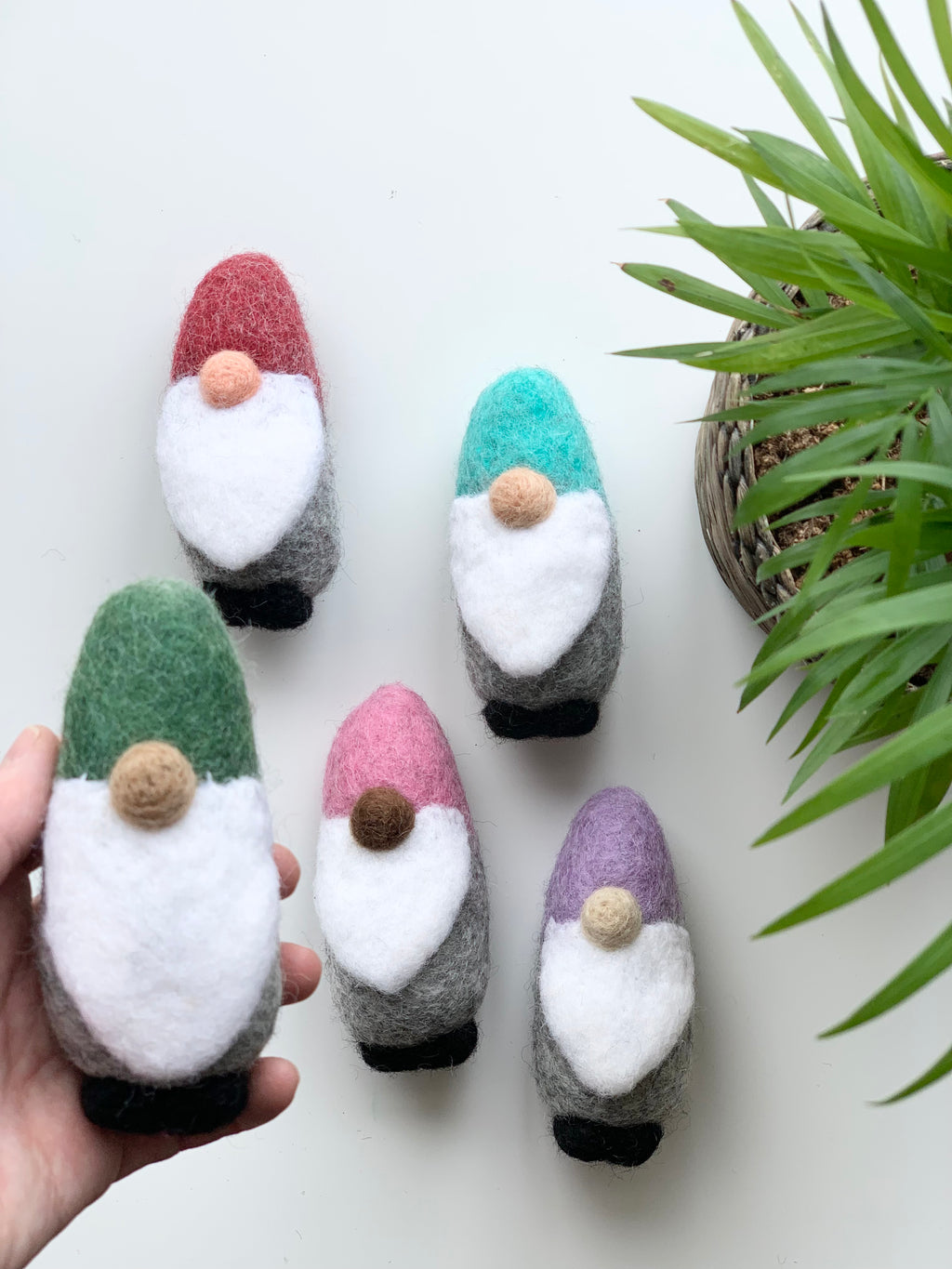 Five handmade felt gnomes with colorful hats and white beards arranged on white surface near green plant