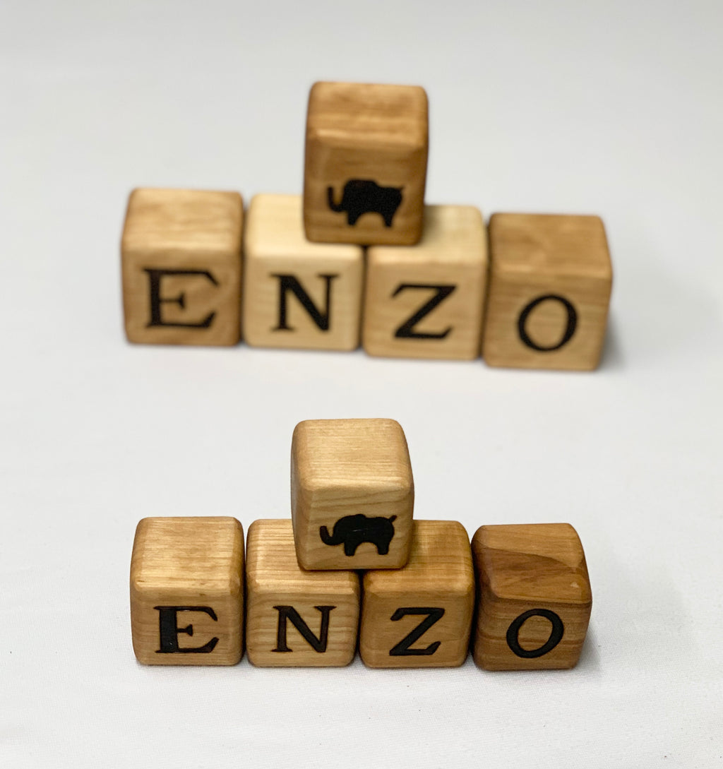 Natural wooden 1.5-inch blocks with engraved capital letters and black animal silhouettes on white background