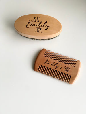Custom wooden beard brush engraved with Best Daddy Ever and wooden comb engraved with Daddy’s Comb on white background