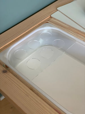 Maple plywood Flisat table top insert with clear acrylic tray featuring six round indents on wooden frame
