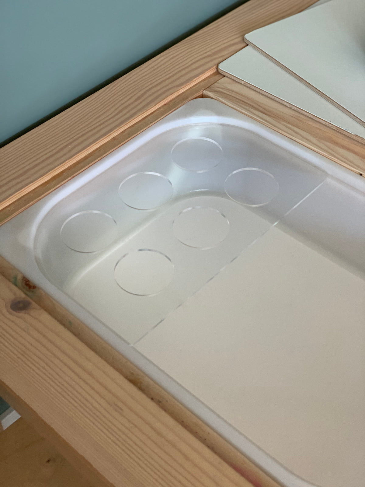 Maple plywood Flisat table top insert with clear acrylic tray featuring six round indents on wooden frame
