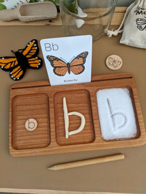 Three section wooden tray with letter b token, clay letter, and salt tracing with butterfly flash card and felt butterfly nearby
