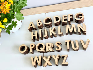 Uppercase wooden alphabet letters set made of maple wood arranged on white surface near yellow flowering plant