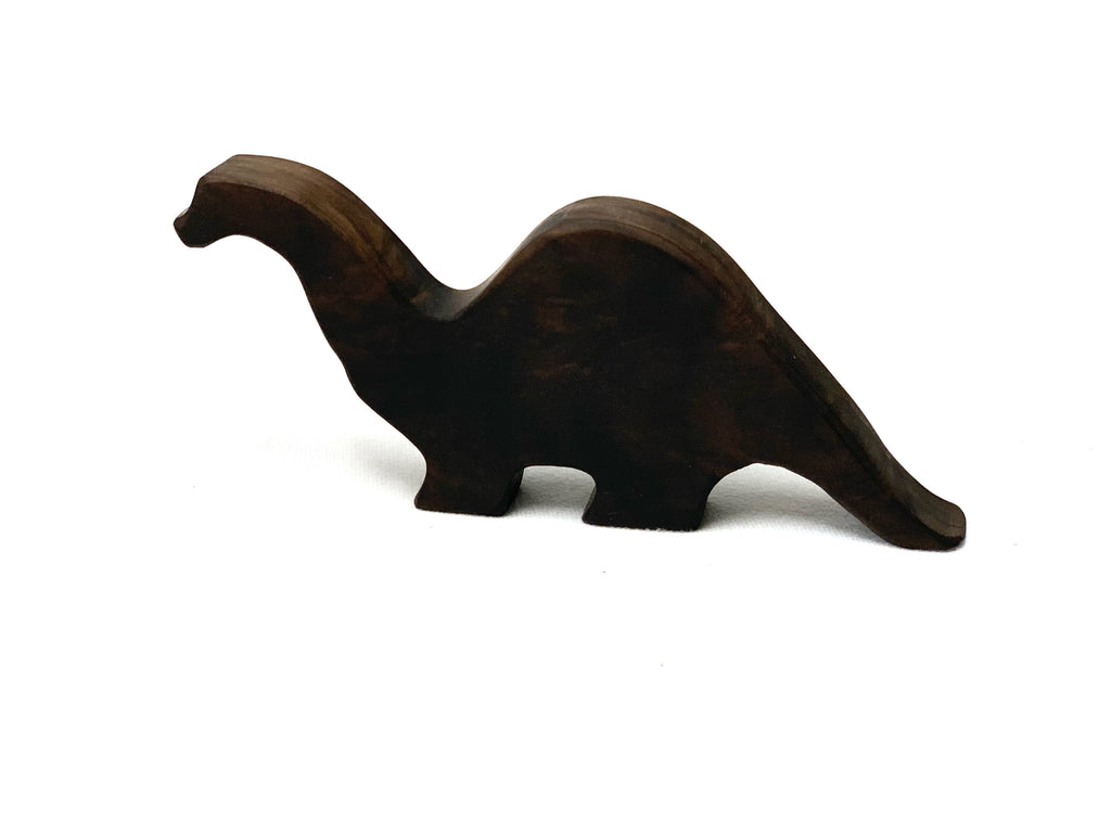 Dark brown wooden long neck Brachiosaurus toy figurine on white background for imaginative play