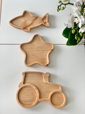 Natural wooden sensory trays shaped like a shark, starfish, and tractor on white surface with orchid plant nearby