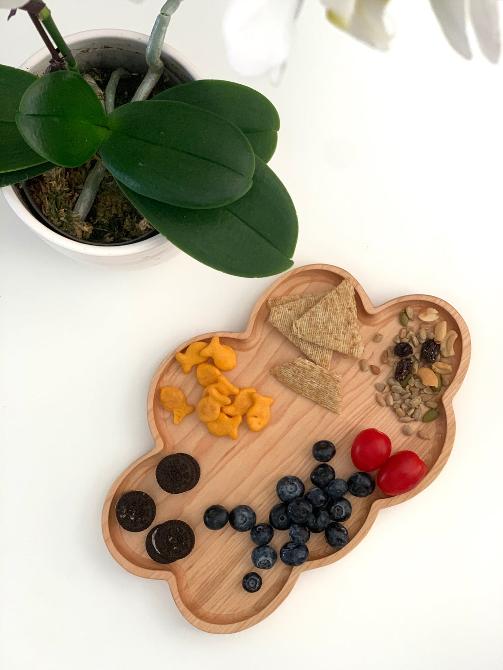 Natural wooden cloud-shaped sensory tray with assorted snacks and blueberries on white surface near green plant
