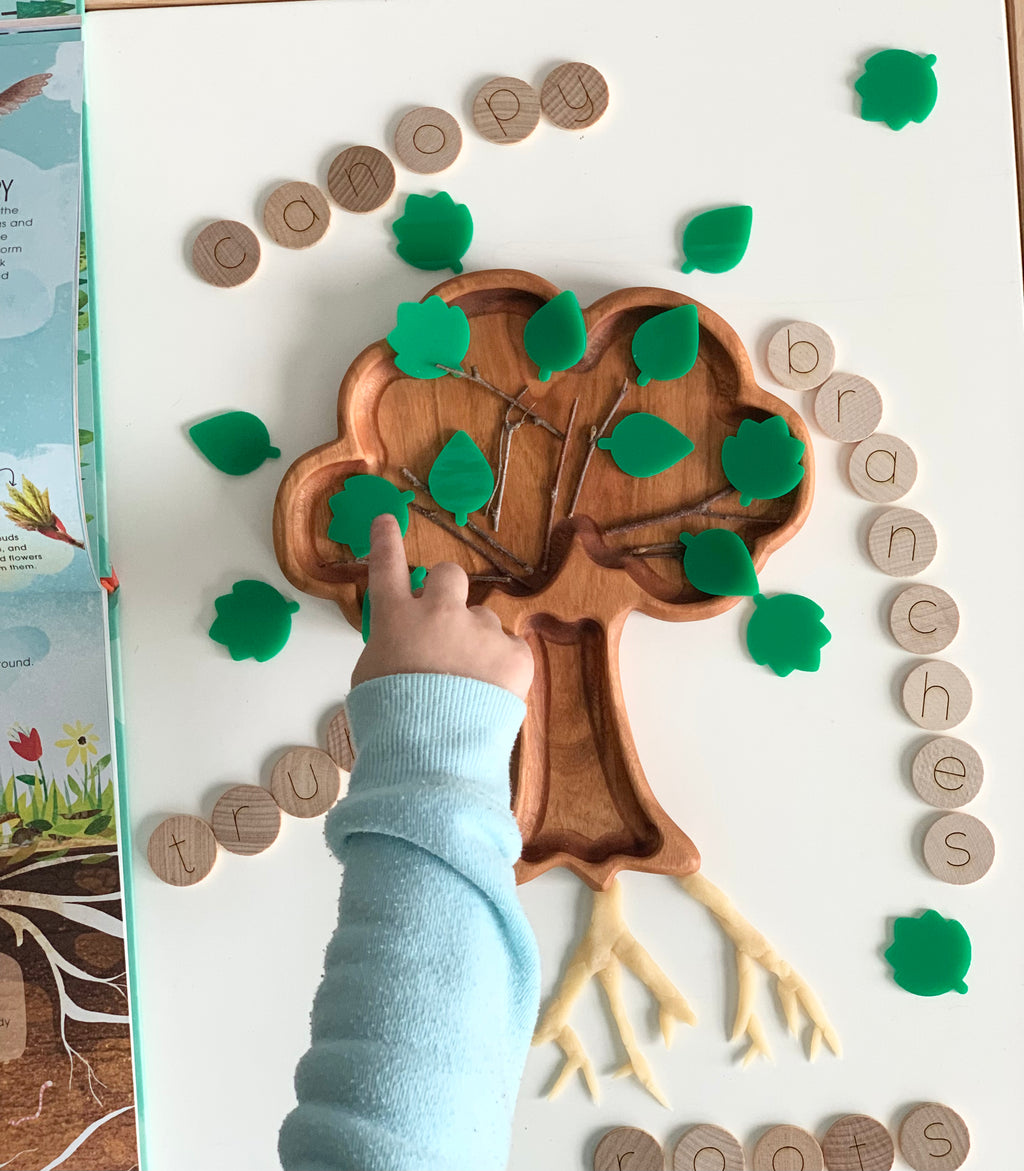 Wooden tree-shaped sensory tray with green leaf pieces, small branches, and round wooden letter tiles on white table